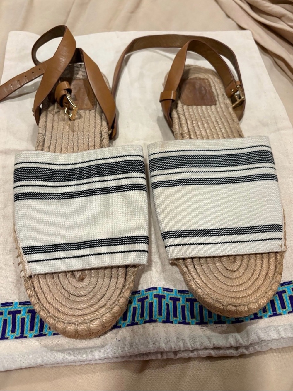 Tory Burch Cream and Black Striped Espadrille Slide Sandals with Tan Straps